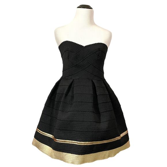 Sans Souci Fit and Flare Structured Strapless Dress - Black/Gold - Medium - Picture 1 of 16